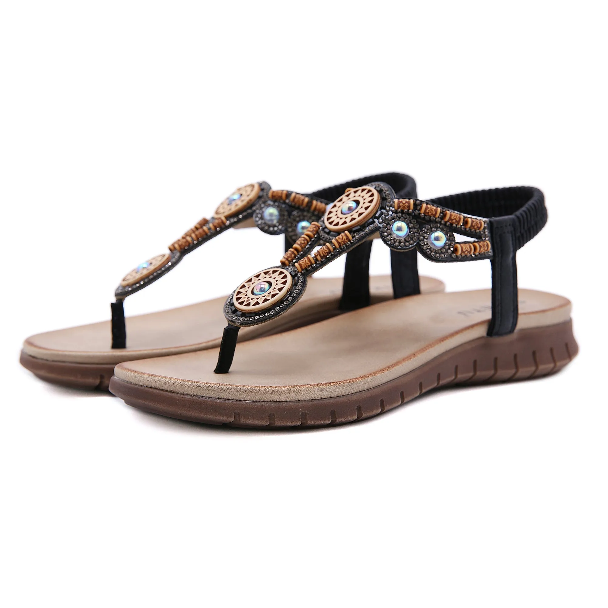 Beaded Boho Applique T-Strap Thong - Black