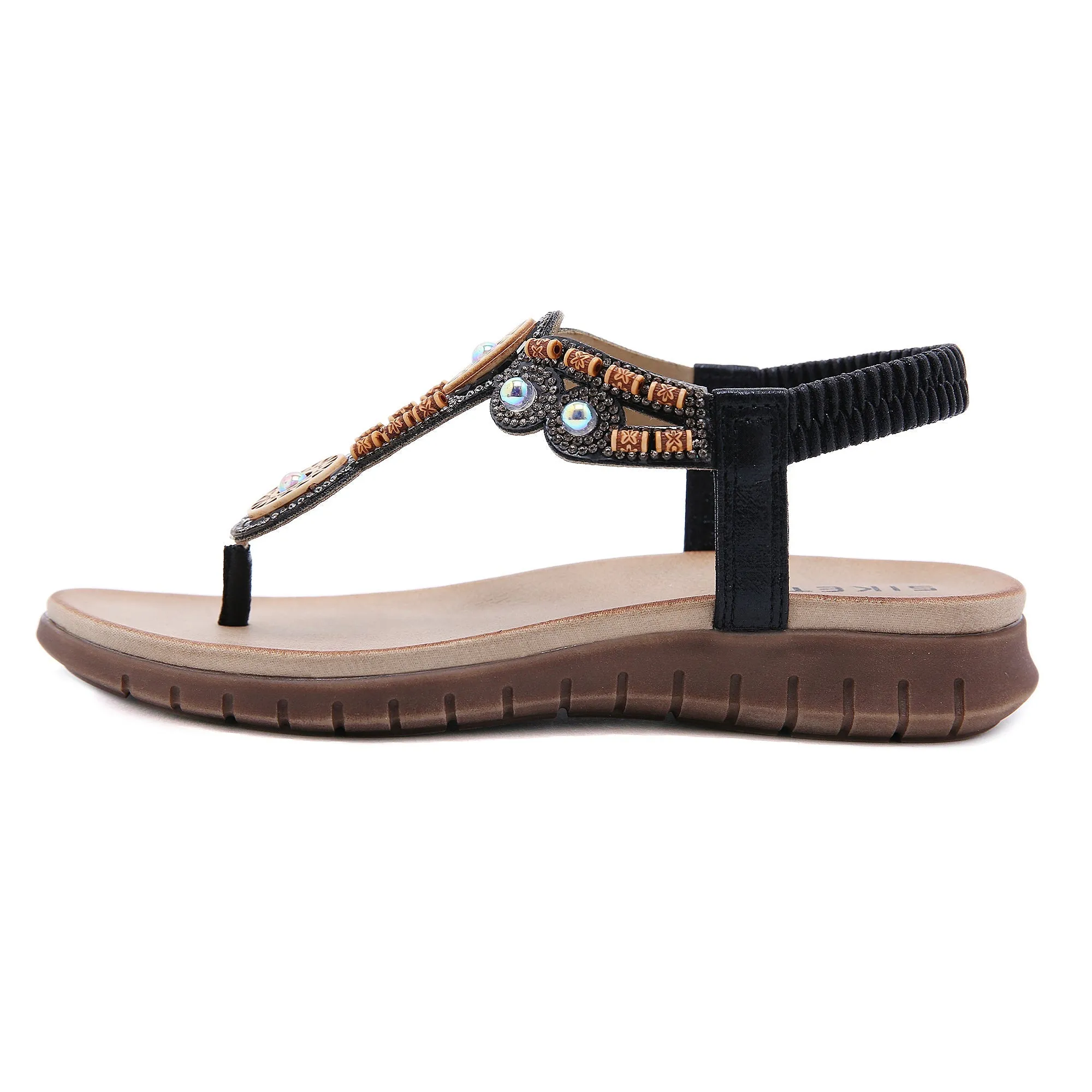 Beaded Boho Applique T-Strap Thong - Black