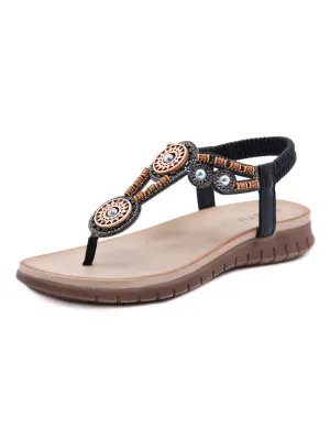 Beaded Boho Applique T-Strap Thong - Black