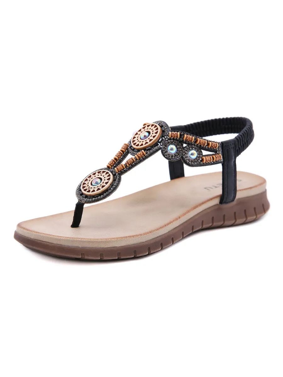 Beaded Boho Applique T-Strap Thong - Black