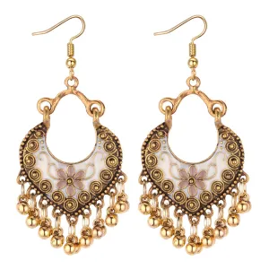 Beige & 18K Gold Plated Ball-Detail Flower Drop Earrings