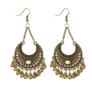 Beige Enamel & 18K Gold-Plated Ball-Detail Crescent Moon Drop Earrings