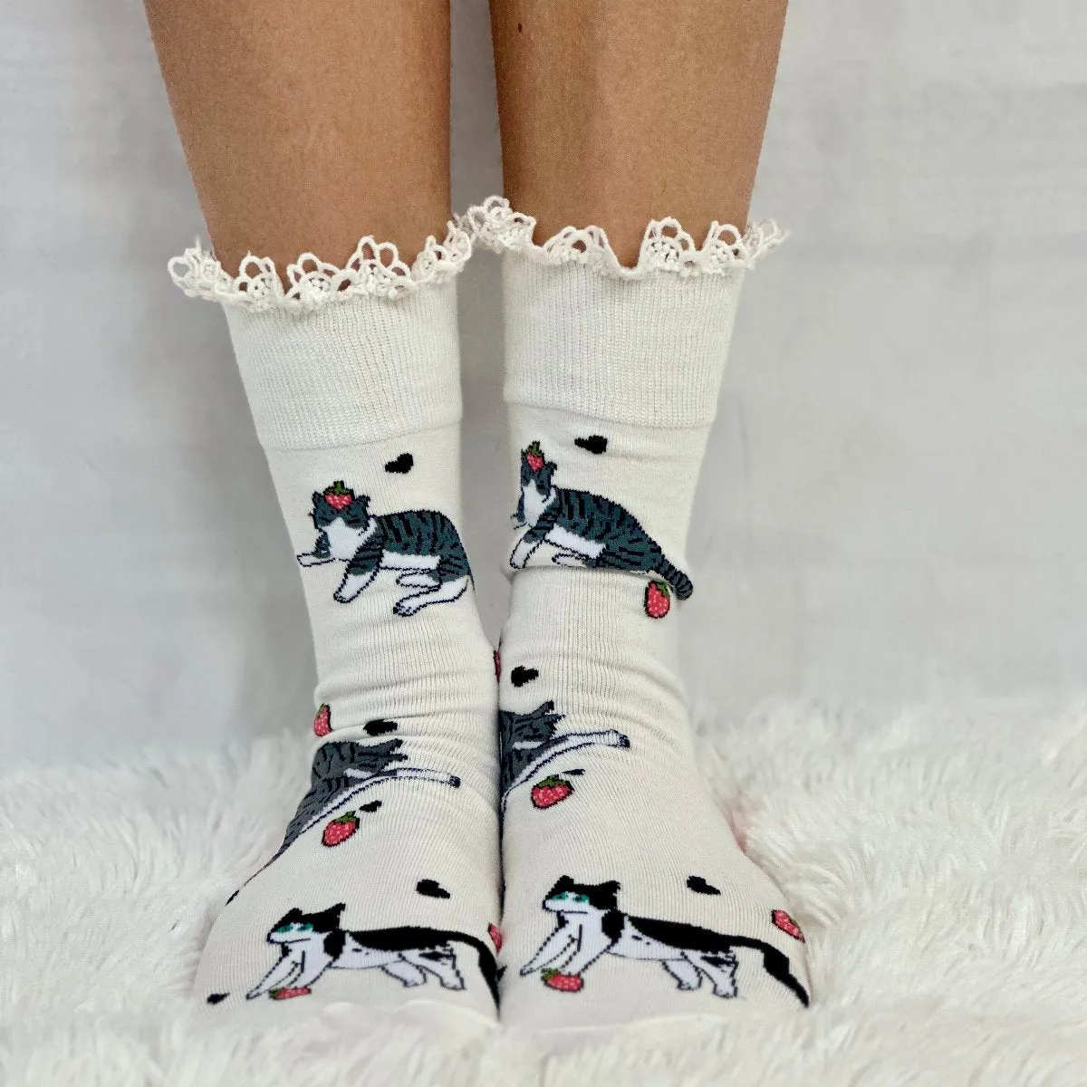 BERRY KITTY  fun novelty print crew sock womens- pink