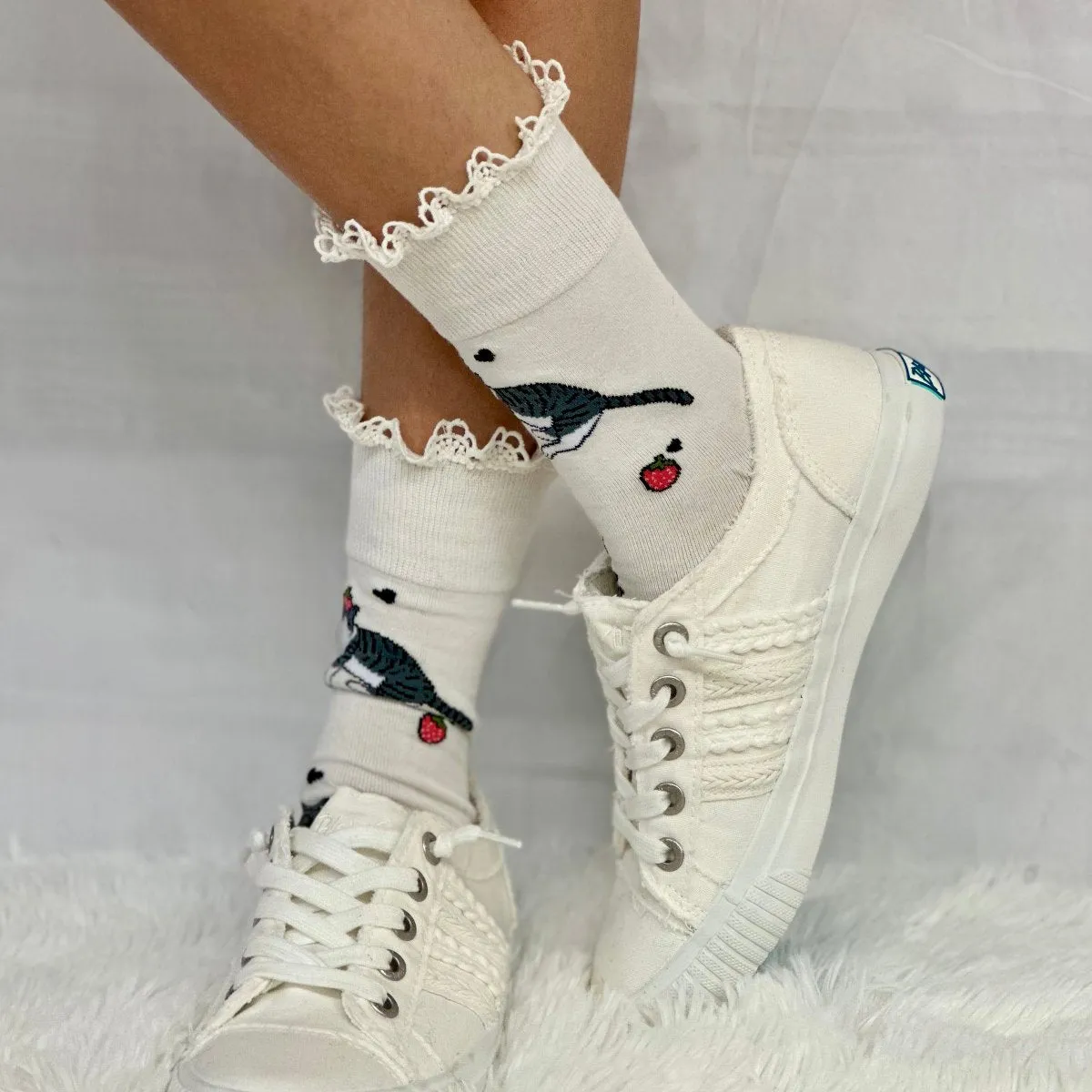 BERRY KITTY  fun novelty print crew sock womens- pink
