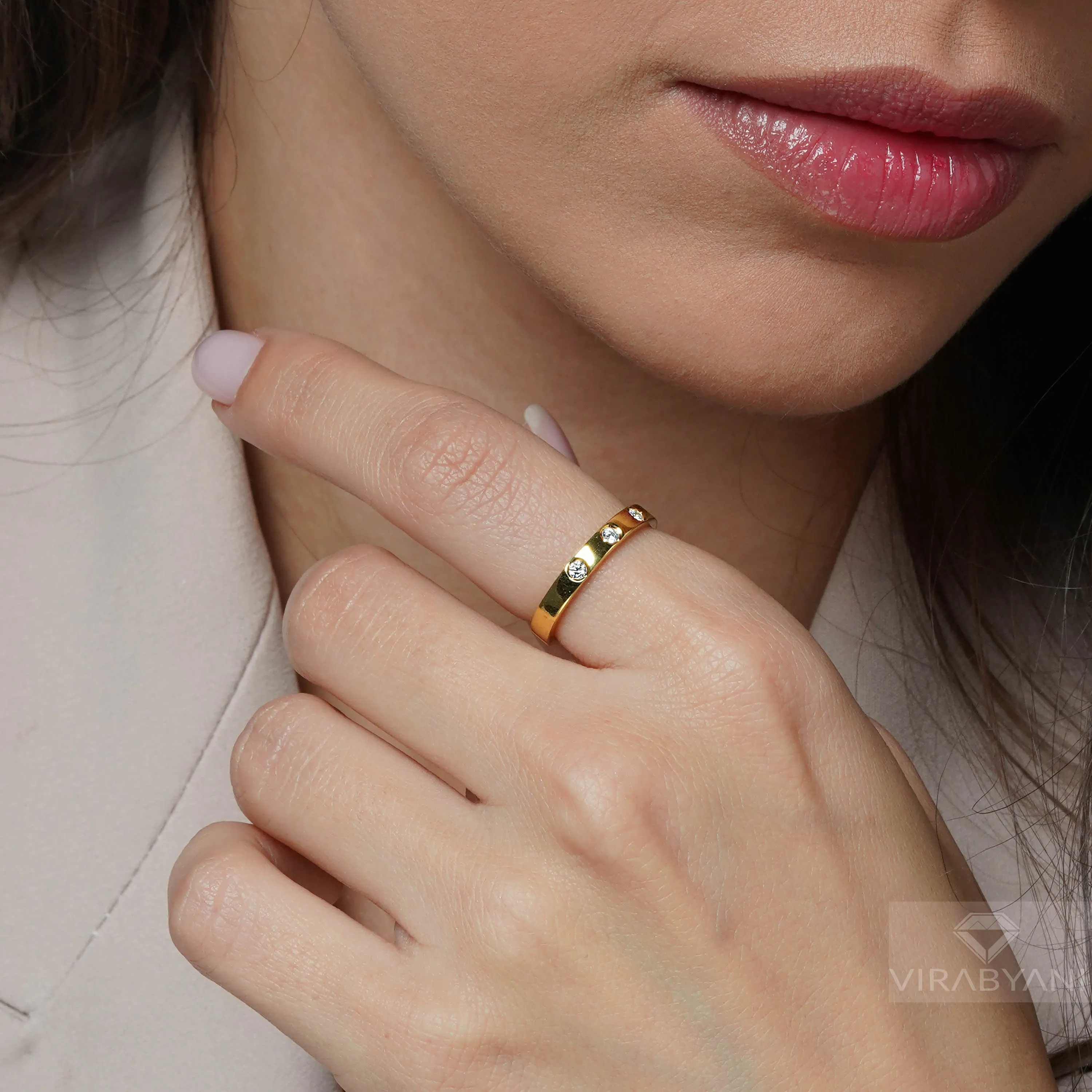 Bezel Set Round Diamond Five Stone Band Square Edges