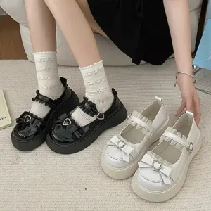 binfenxie Fashion Buckle Women's Pumps Mary Jane Round Toe Solid Bow Tie Shoes Ladies Platform Casual Loafers