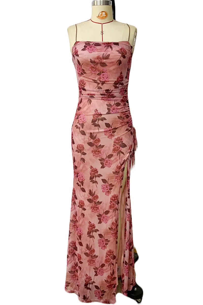 BL631 Flowery Printed Sleeveless Pleated Split Maxi Dress