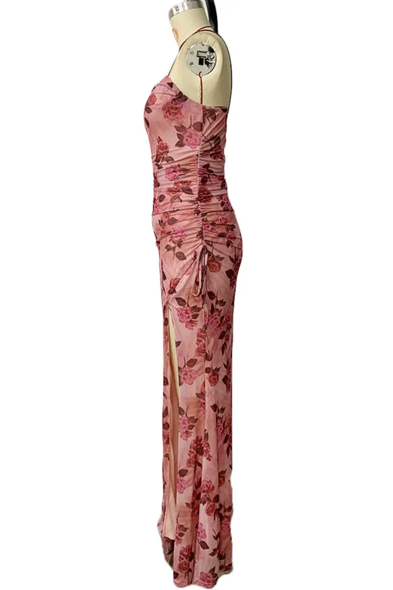 BL631 Flowery Printed Sleeveless Pleated Split Maxi Dress