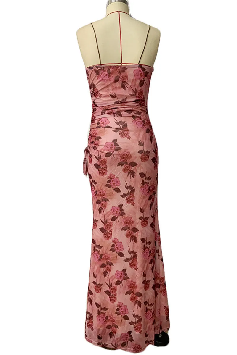 BL631 Flowery Printed Sleeveless Pleated Split Maxi Dress