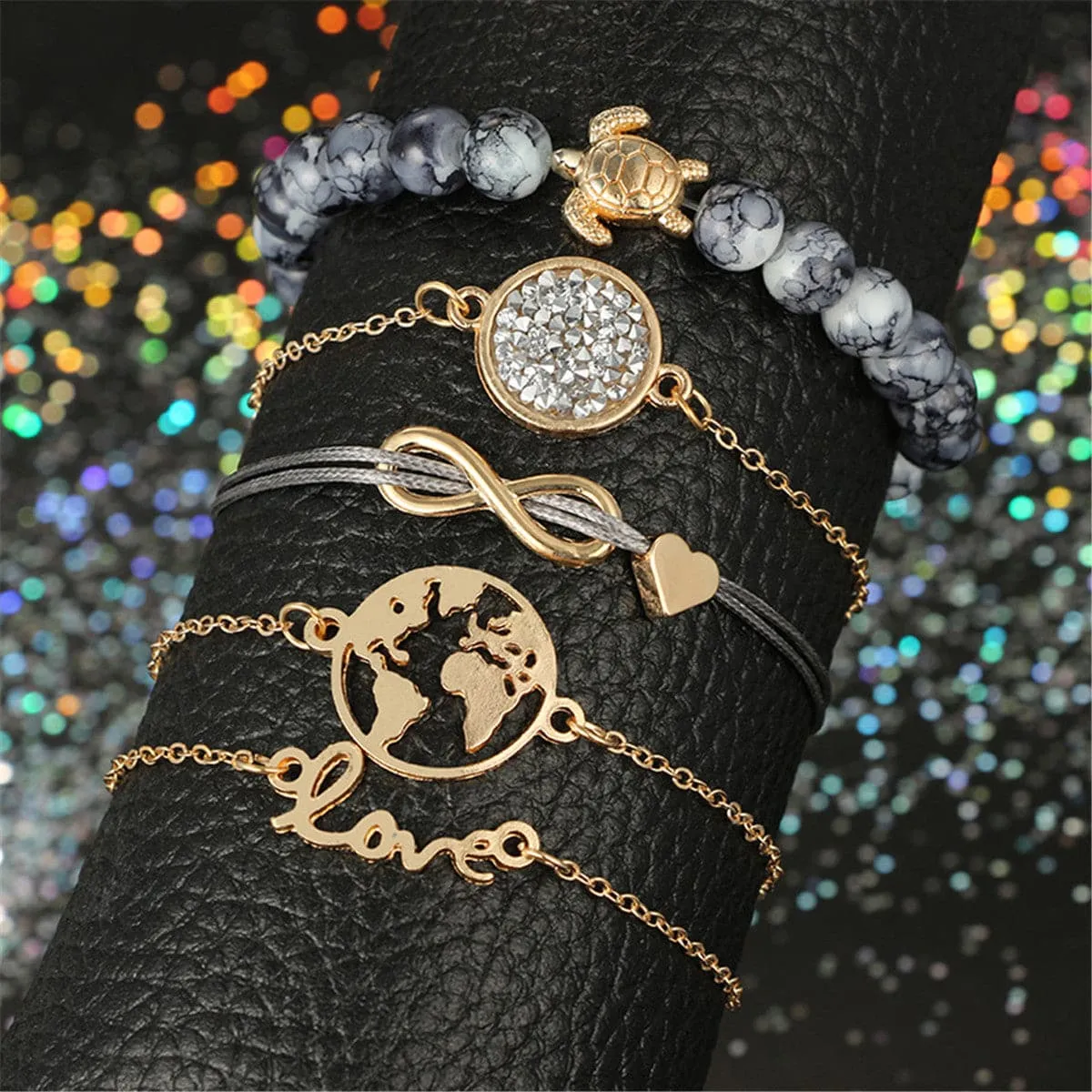 Black Agate & Cubic Zirconia 18K Gold-Plated Tortoise Charm Bracelet Set