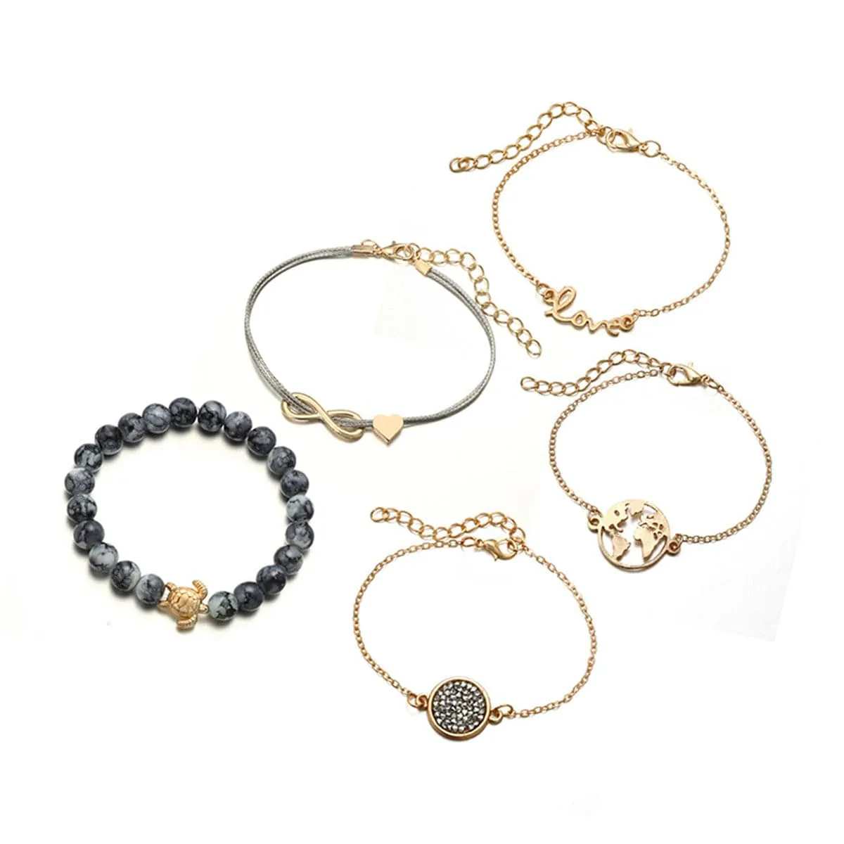 Black Agate & Cubic Zirconia 18K Gold-Plated Tortoise Charm Bracelet Set