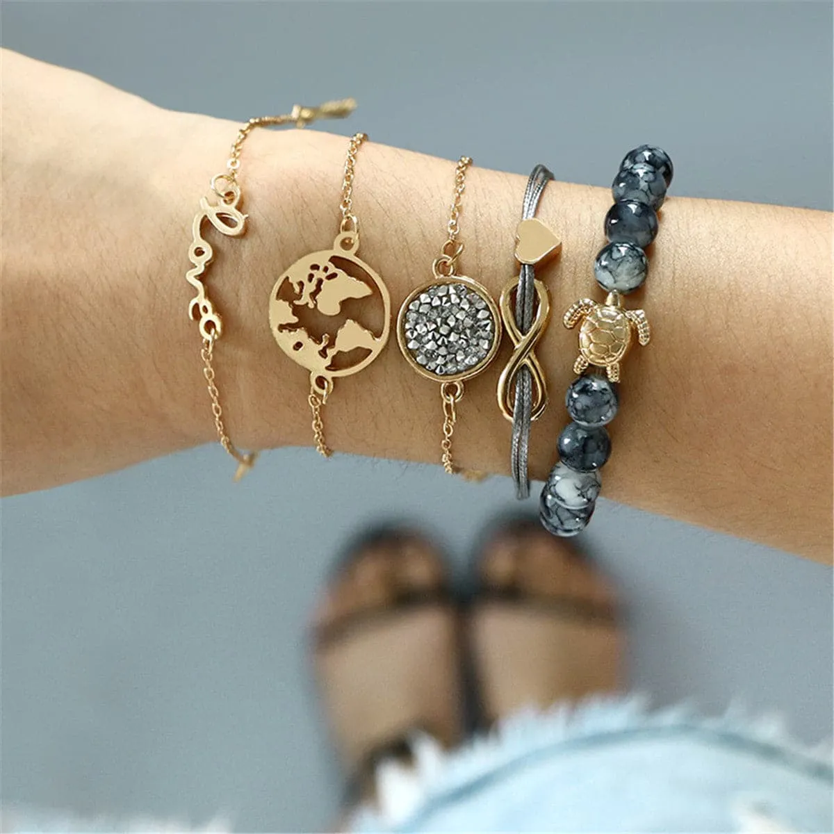 Black Agate & Cubic Zirconia 18K Gold-Plated Tortoise Charm Bracelet Set