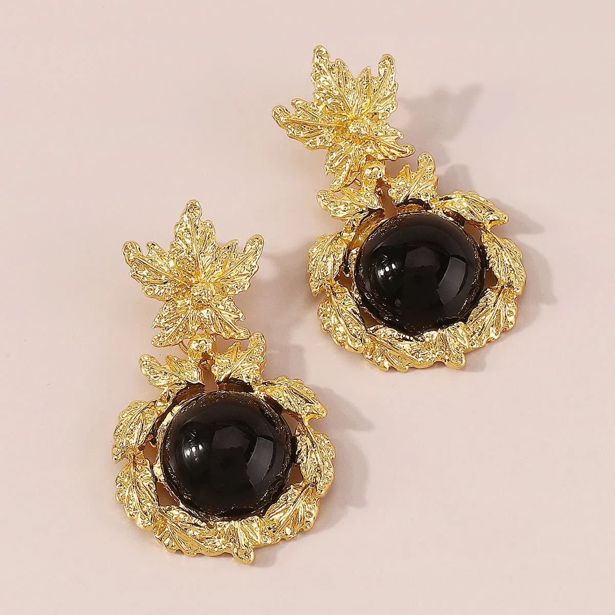 Black & 18K Gold-Plated Botanical Drop Earrings