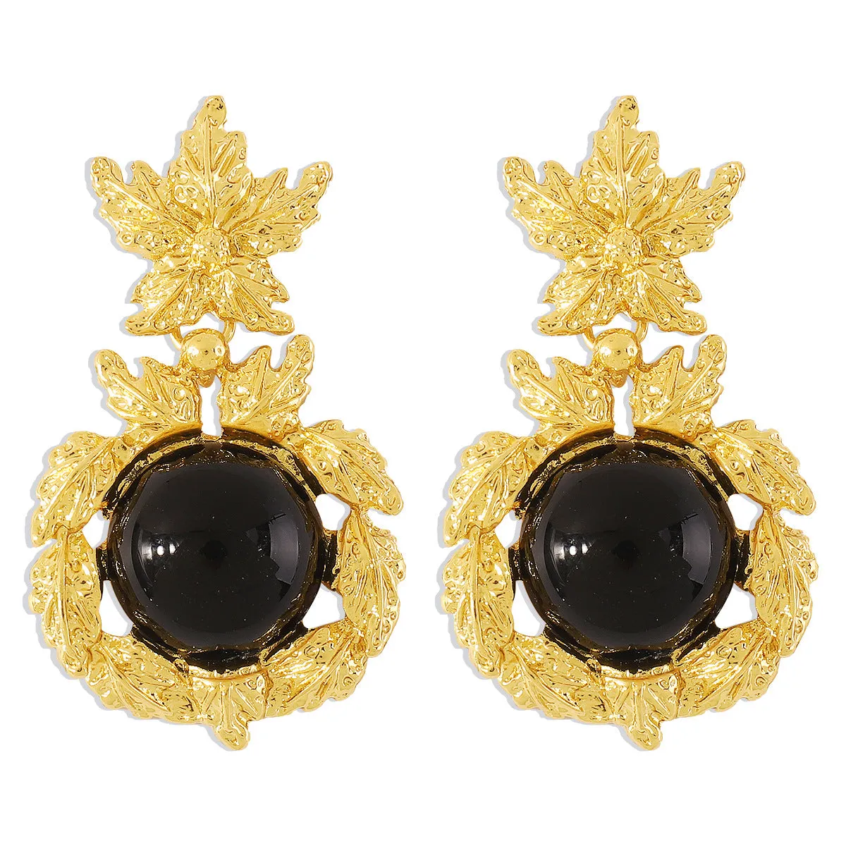 Black & 18K Gold-Plated Botanical Drop Earrings