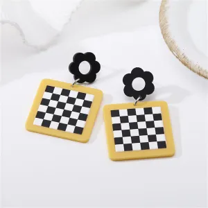 Black & White Checkerboard & Flower Drop Earrings