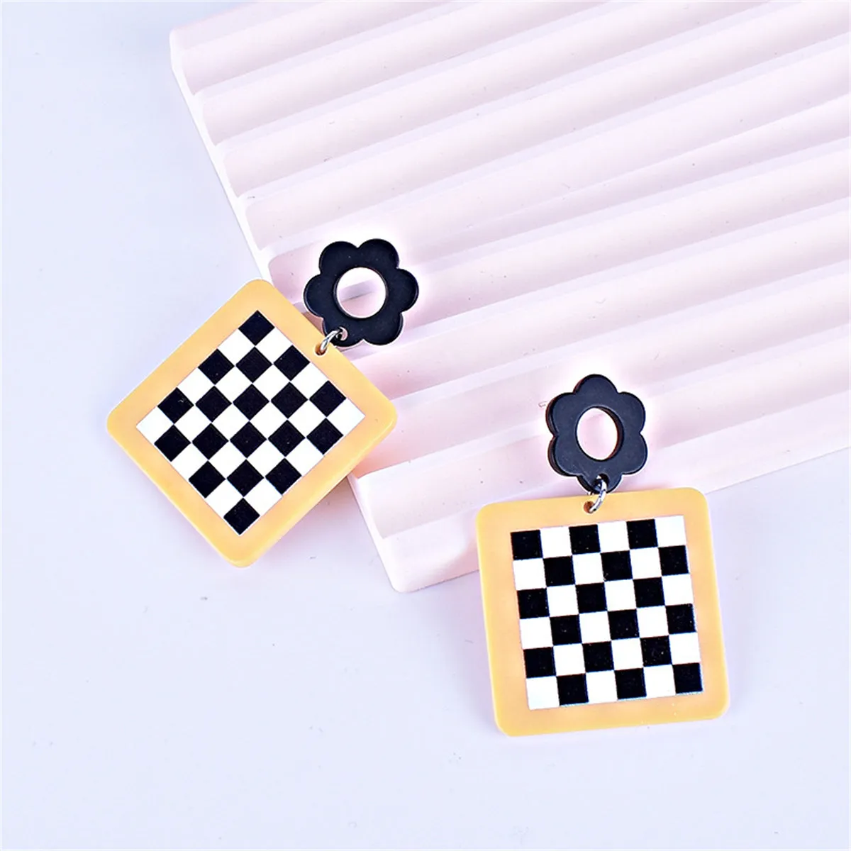 Black & White Checkerboard & Flower Drop Earrings