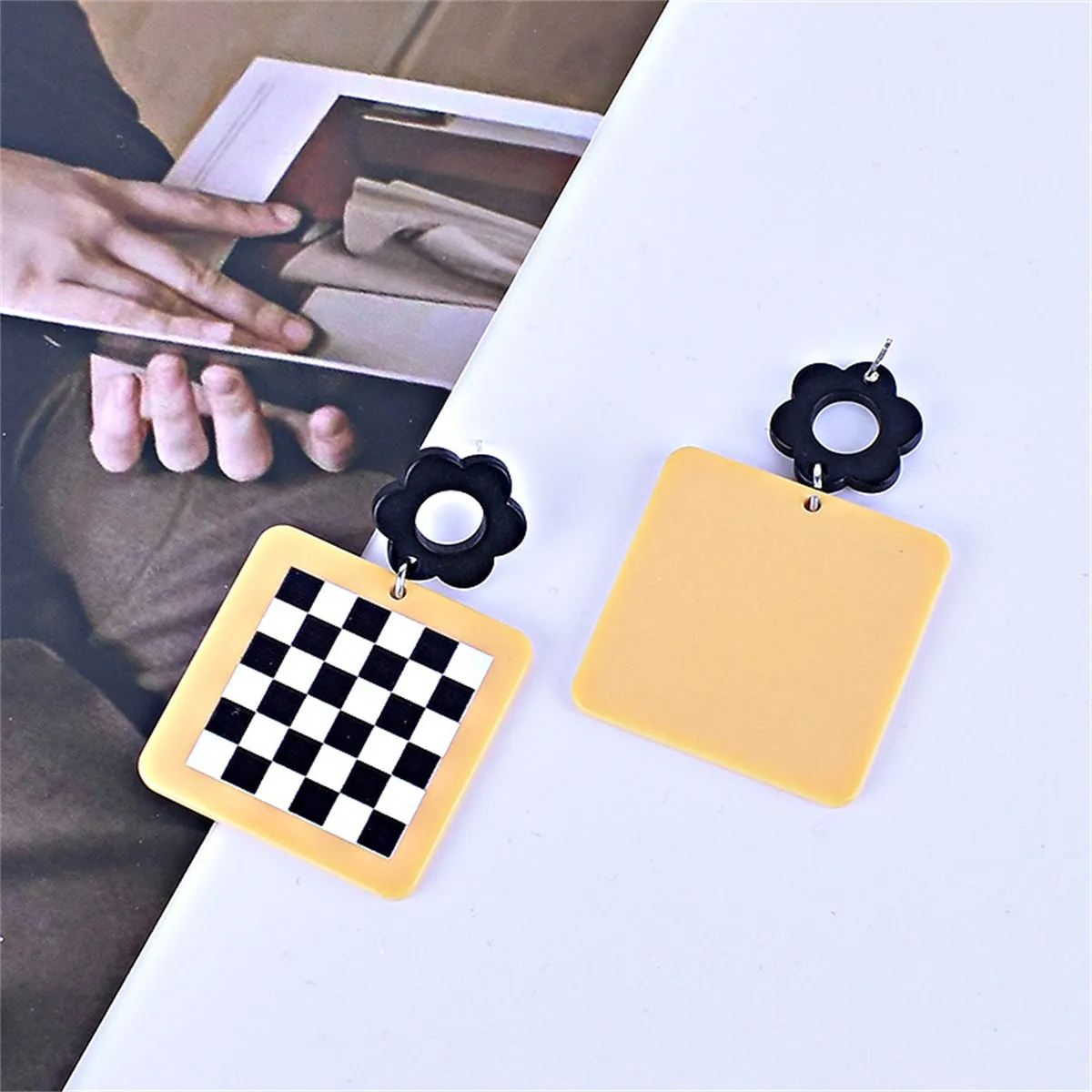 Black & White Checkerboard & Flower Drop Earrings