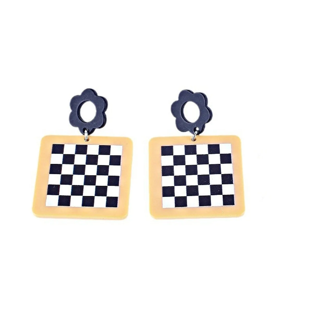 Black & White Checkerboard & Flower Drop Earrings