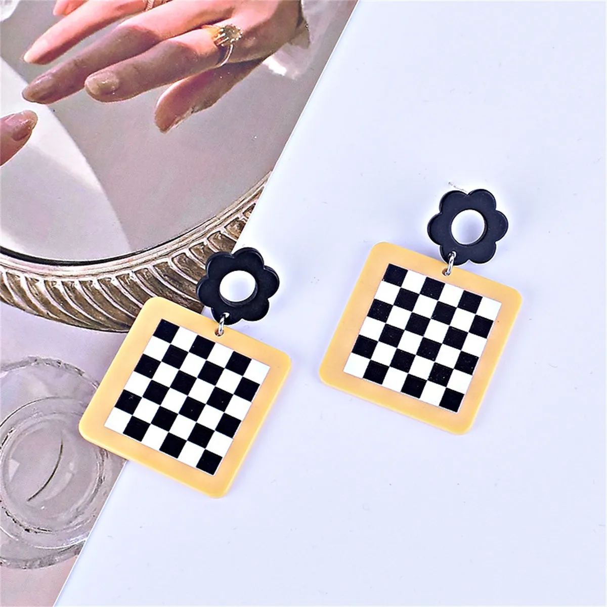 Black & White Checkerboard & Flower Drop Earrings