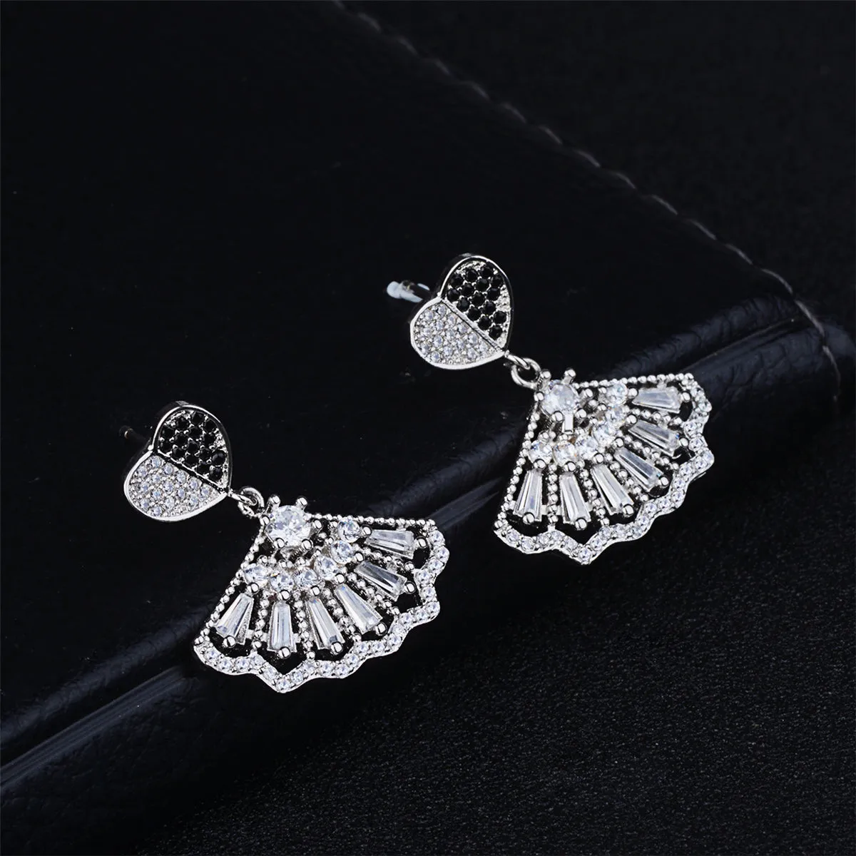 Black & White Cubic Zirconia Heart Fan Drop Earrings