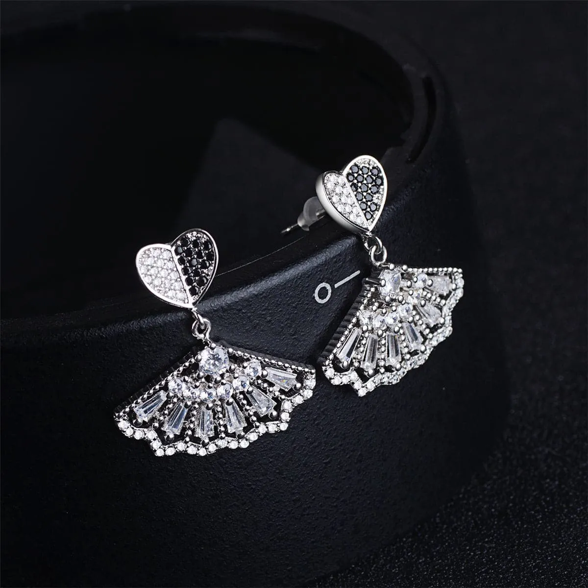 Black & White Cubic Zirconia Heart Fan Drop Earrings