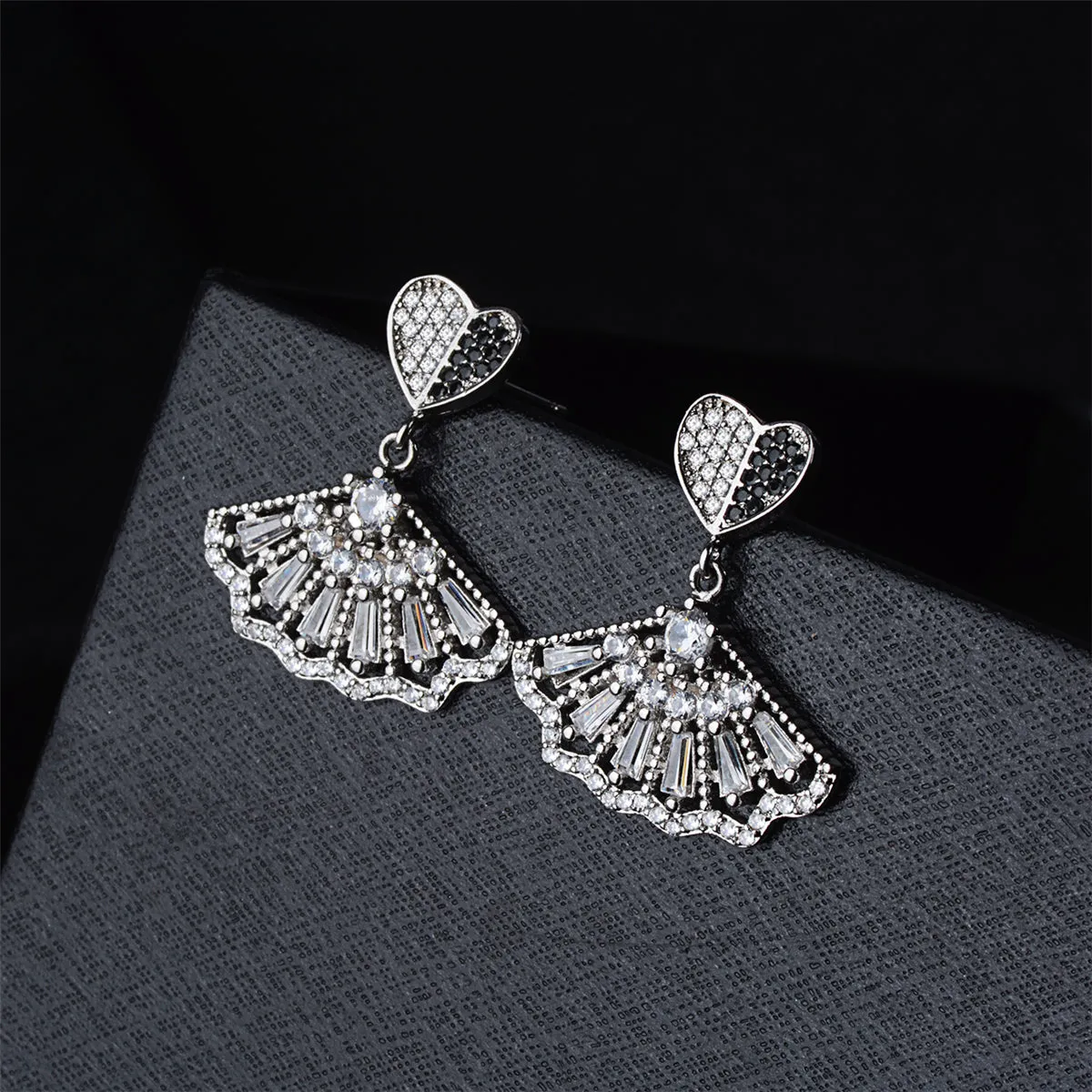 Black & White Cubic Zirconia Heart Fan Drop Earrings