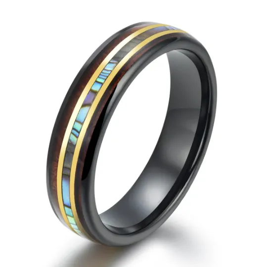 Black Ceramic Abalone Shell Koa Wood  Wedding Band 6MM