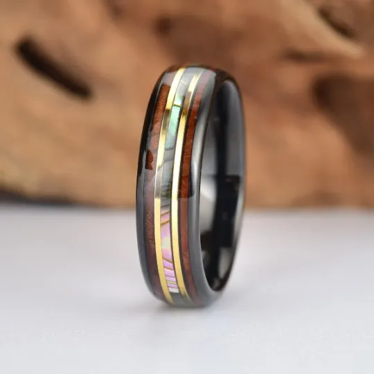 Black Ceramic Abalone Shell Koa Wood  Wedding Band 6MM