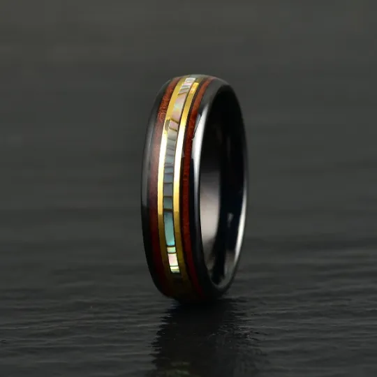 Black Ceramic Abalone Shell Koa Wood  Wedding Band 6MM