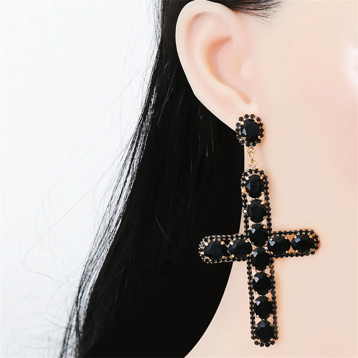 Black Crystal & Cubic Zirconia 18K Gold-Plated Cross Drop Earrings
