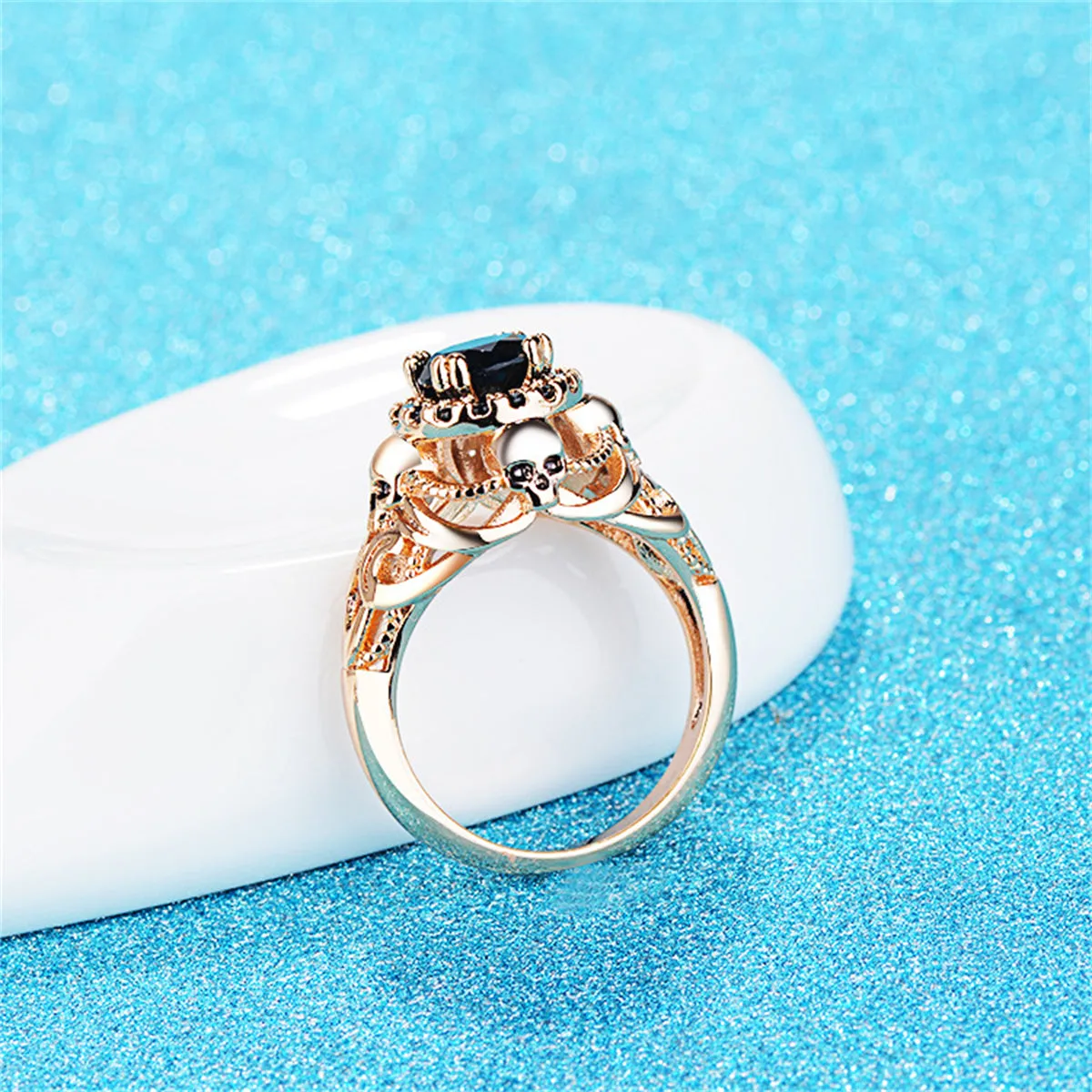 Black Crystal & Cubic Zirconia 18K Gold-Plated Skull Ring