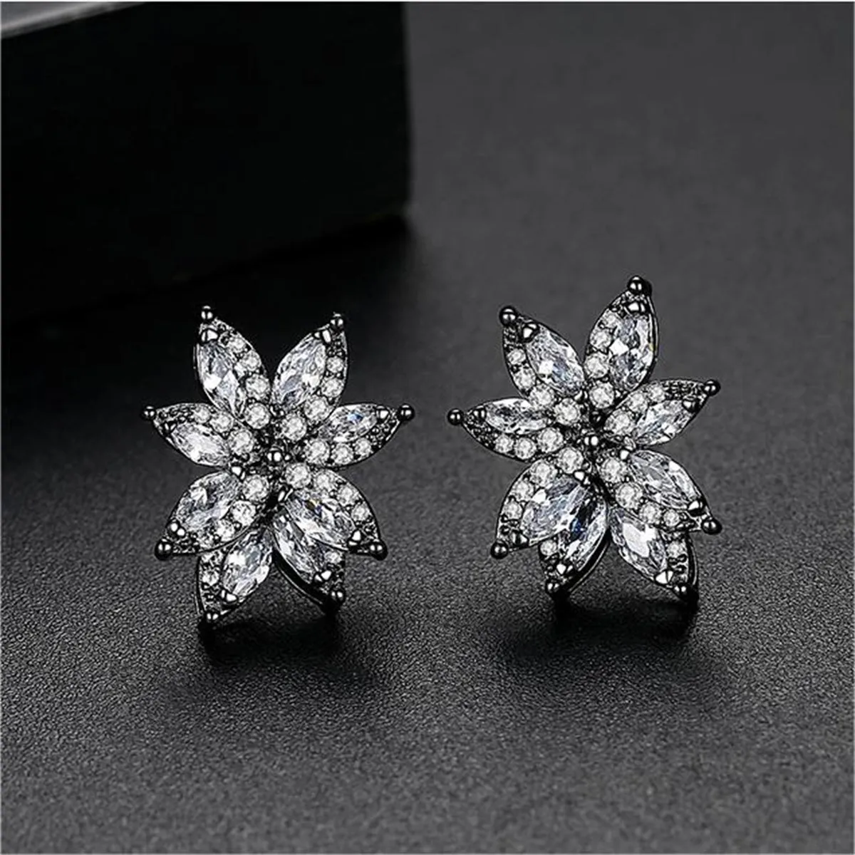 Black Crystal & Cubic Zirconia Flower Stud Earrings