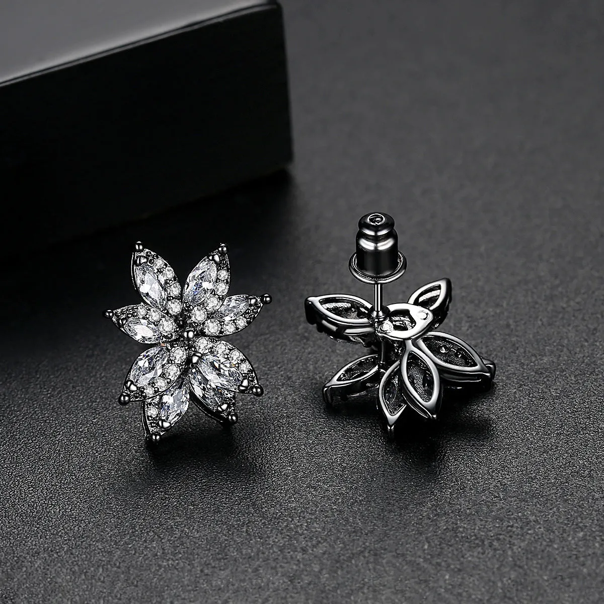Black Crystal & Cubic Zirconia Flower Stud Earrings