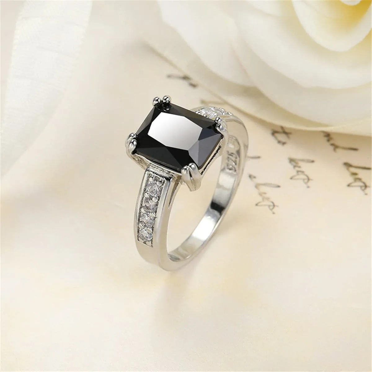 Black Crystal & Silver-Plated Rectangle Solitaire Ring
