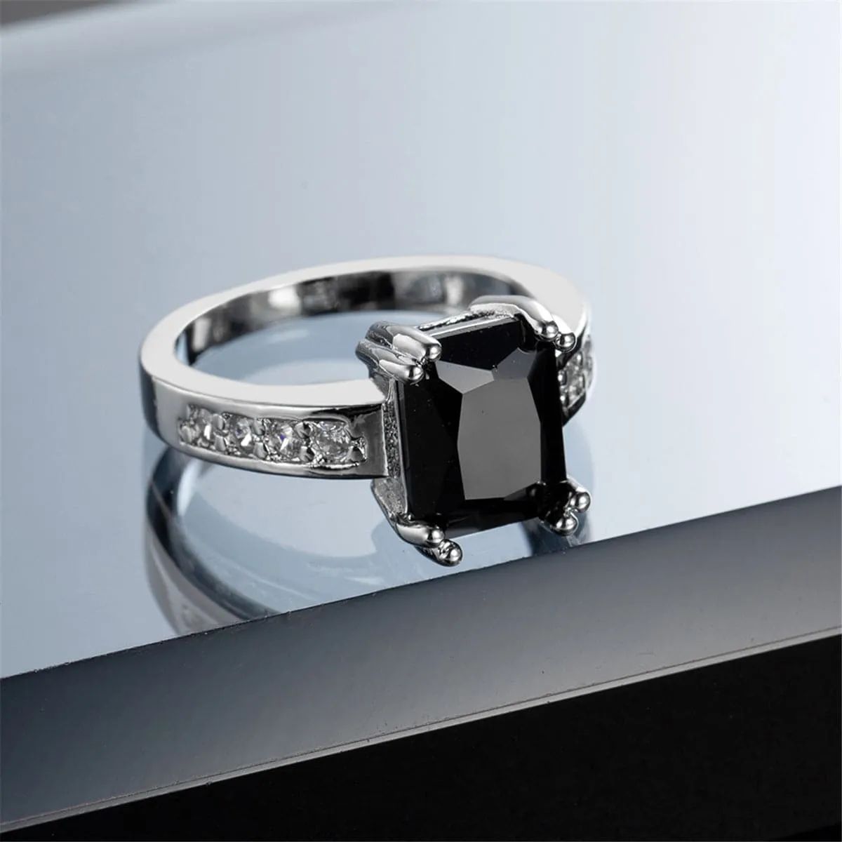 Black Crystal & Silver-Plated Rectangle Solitaire Ring
