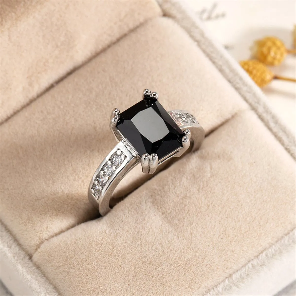 Black Crystal & Silver-Plated Rectangle Solitaire Ring