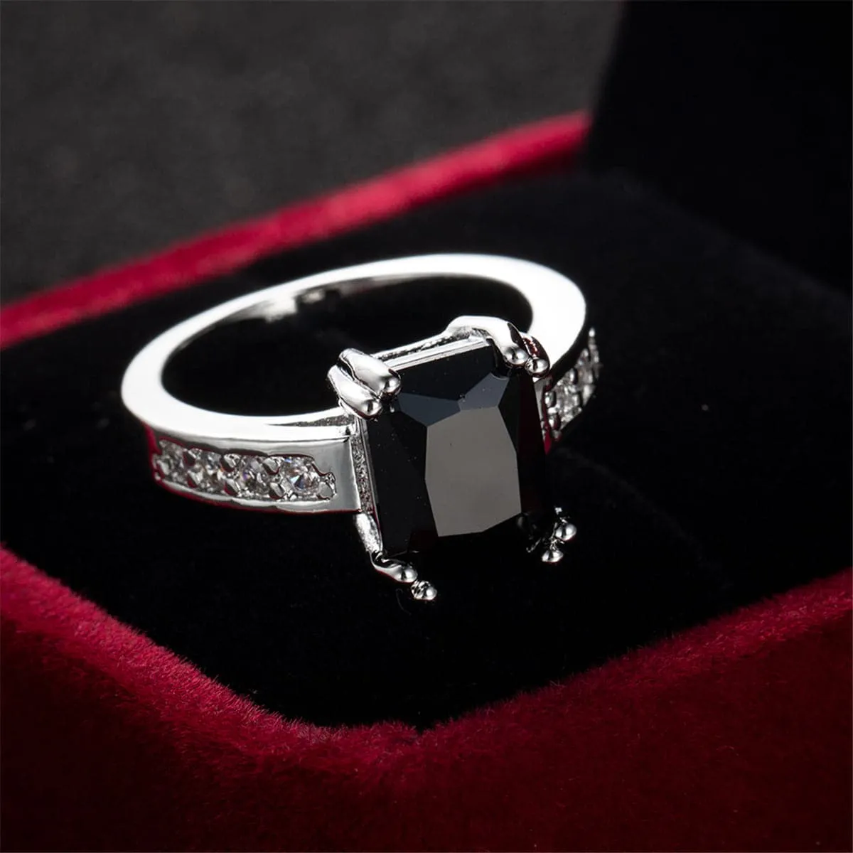Black Crystal & Silver-Plated Rectangle Solitaire Ring