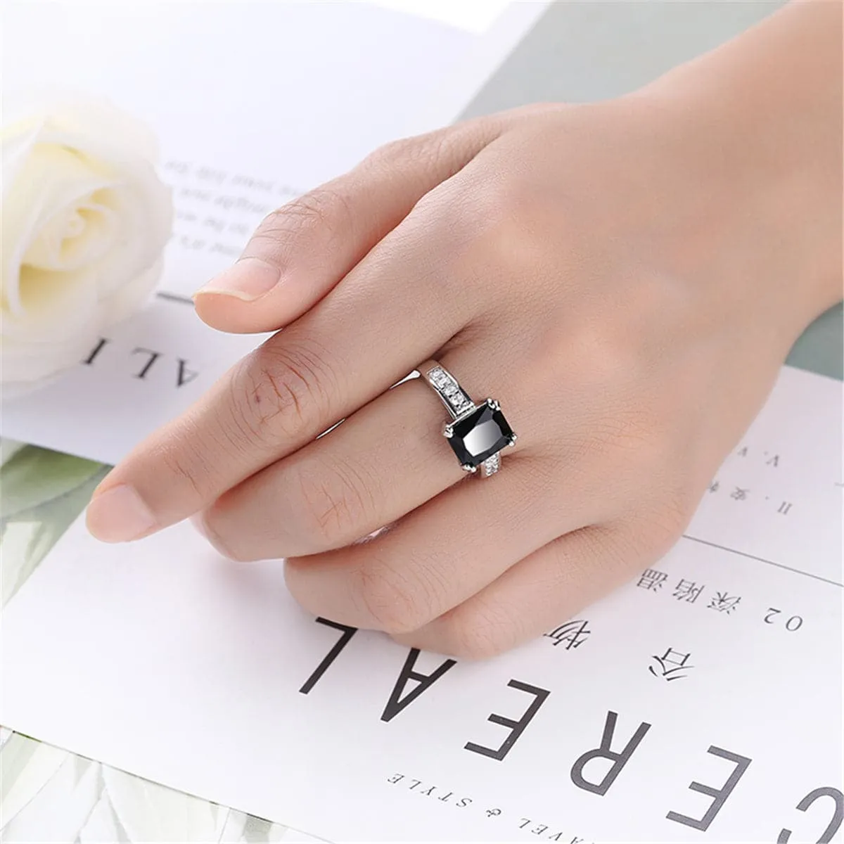 Black Crystal & Silver-Plated Rectangle Solitaire Ring