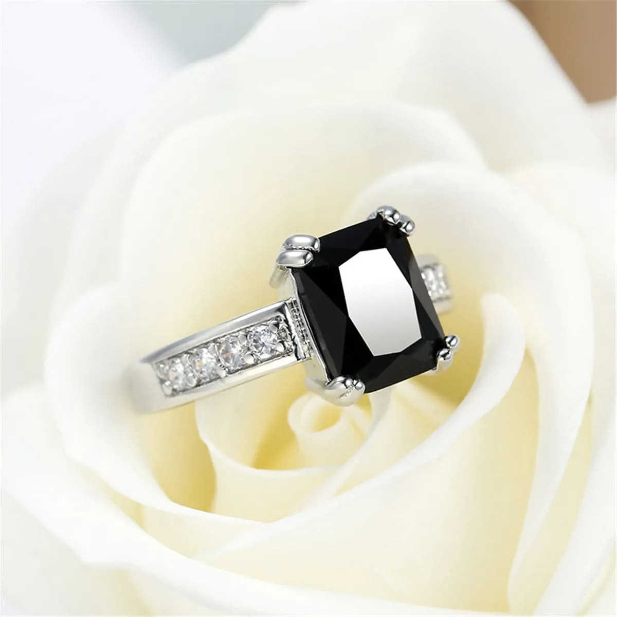 Black Crystal & Silver-Plated Rectangle Solitaire Ring