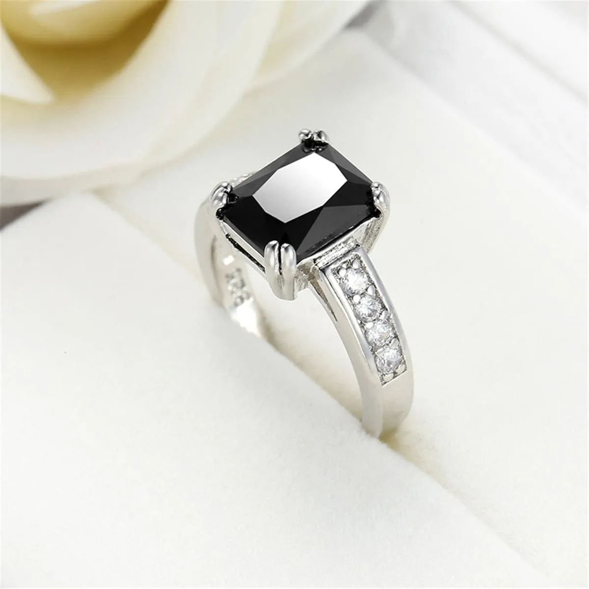 Black Crystal & Silver-Plated Rectangle Solitaire Ring