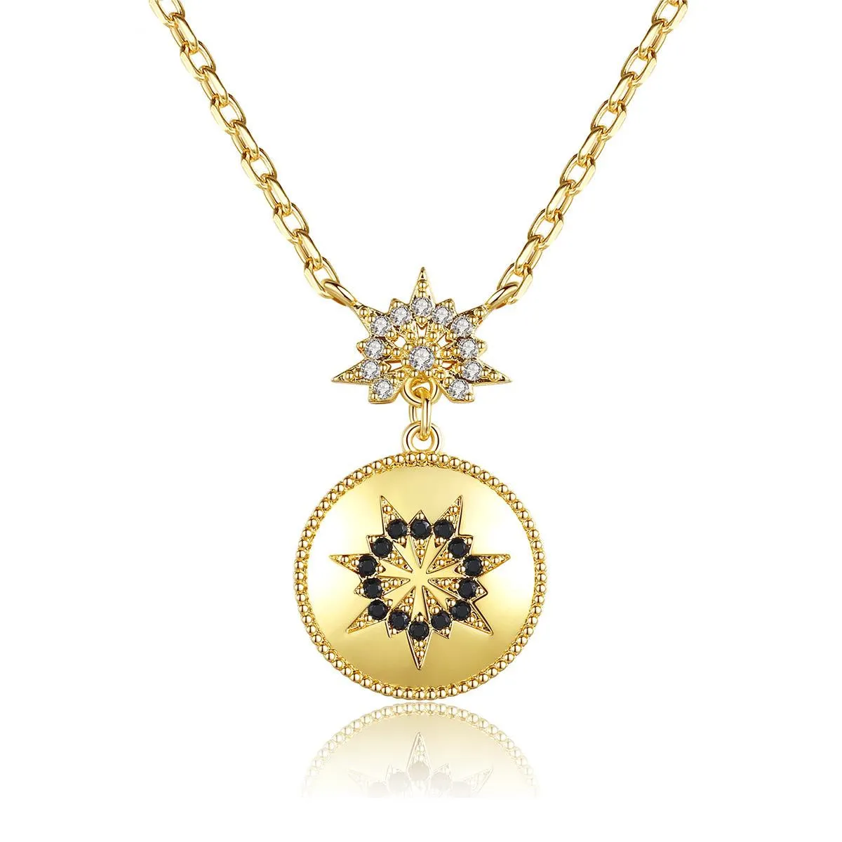 Black Cubic Zirconia & 18K Gold-Plated Floral Round Pendant Necklace