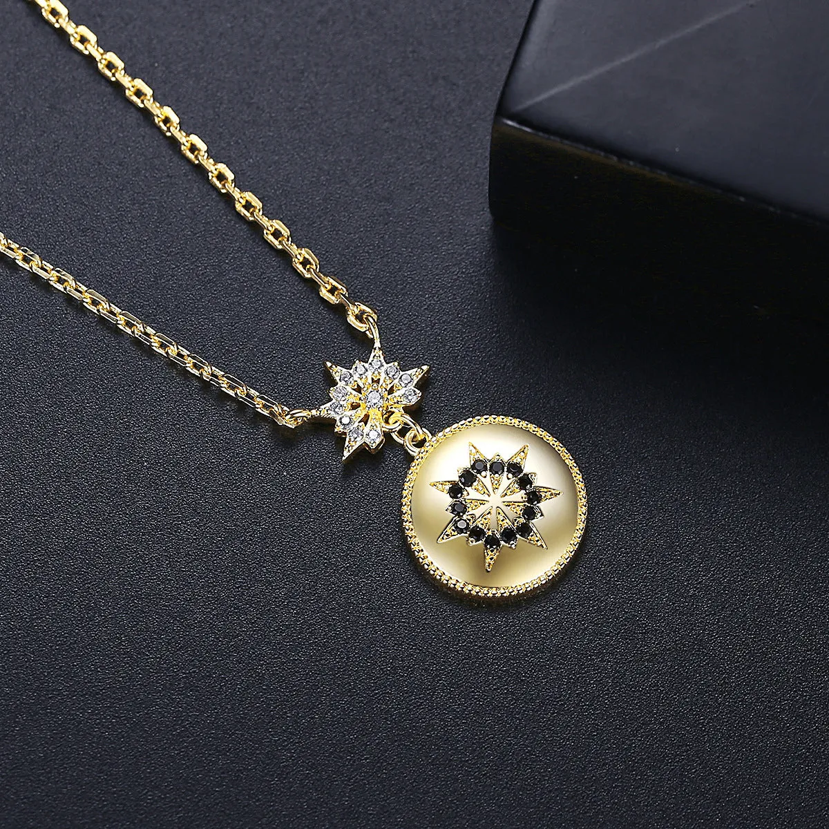 Black Cubic Zirconia & 18K Gold-Plated Floral Round Pendant Necklace