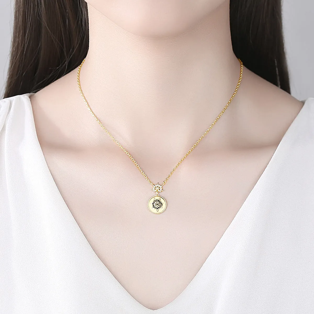 Black Cubic Zirconia & 18K Gold-Plated Floral Round Pendant Necklace