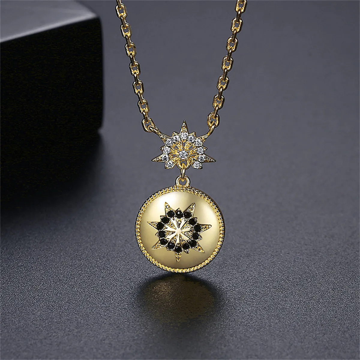 Black Cubic Zirconia & 18K Gold-Plated Floral Round Pendant Necklace