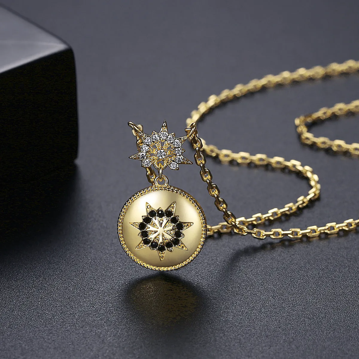 Black Cubic Zirconia & 18K Gold-Plated Floral Round Pendant Necklace