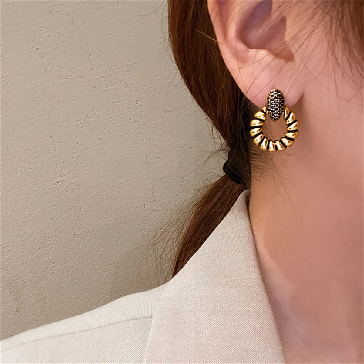 Black Cubic Zirconia & 18K Gold-Plated Twisted Circle Earrings