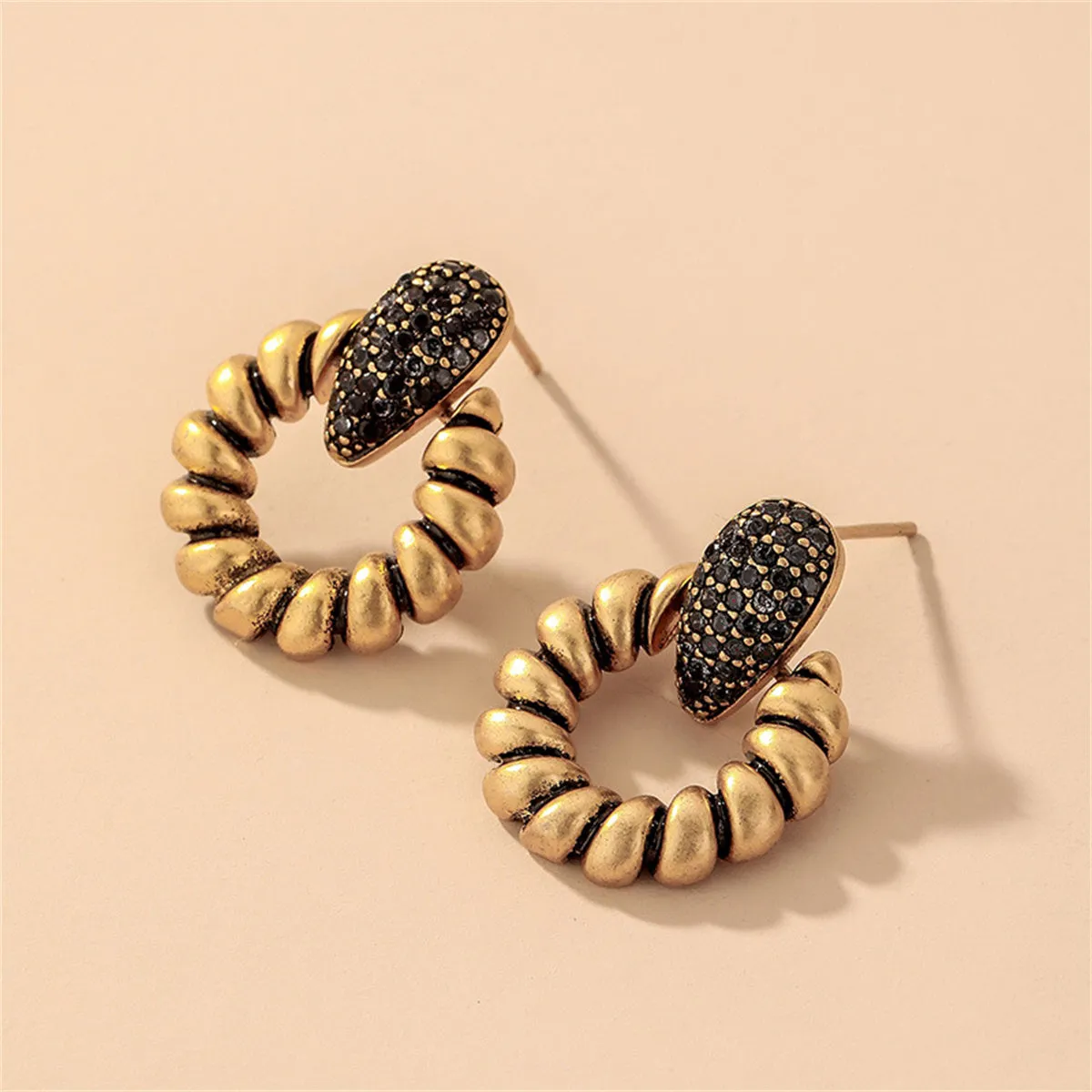 Black Cubic Zirconia & 18K Gold-Plated Twisted Circle Earrings