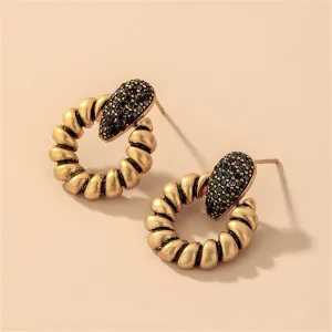 Black Cubic Zirconia & 18K Gold-Plated Twisted Circle Earrings