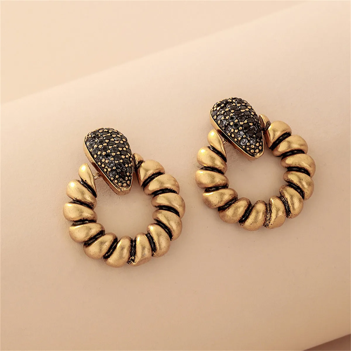Black Cubic Zirconia & 18K Gold-Plated Twisted Circle Earrings