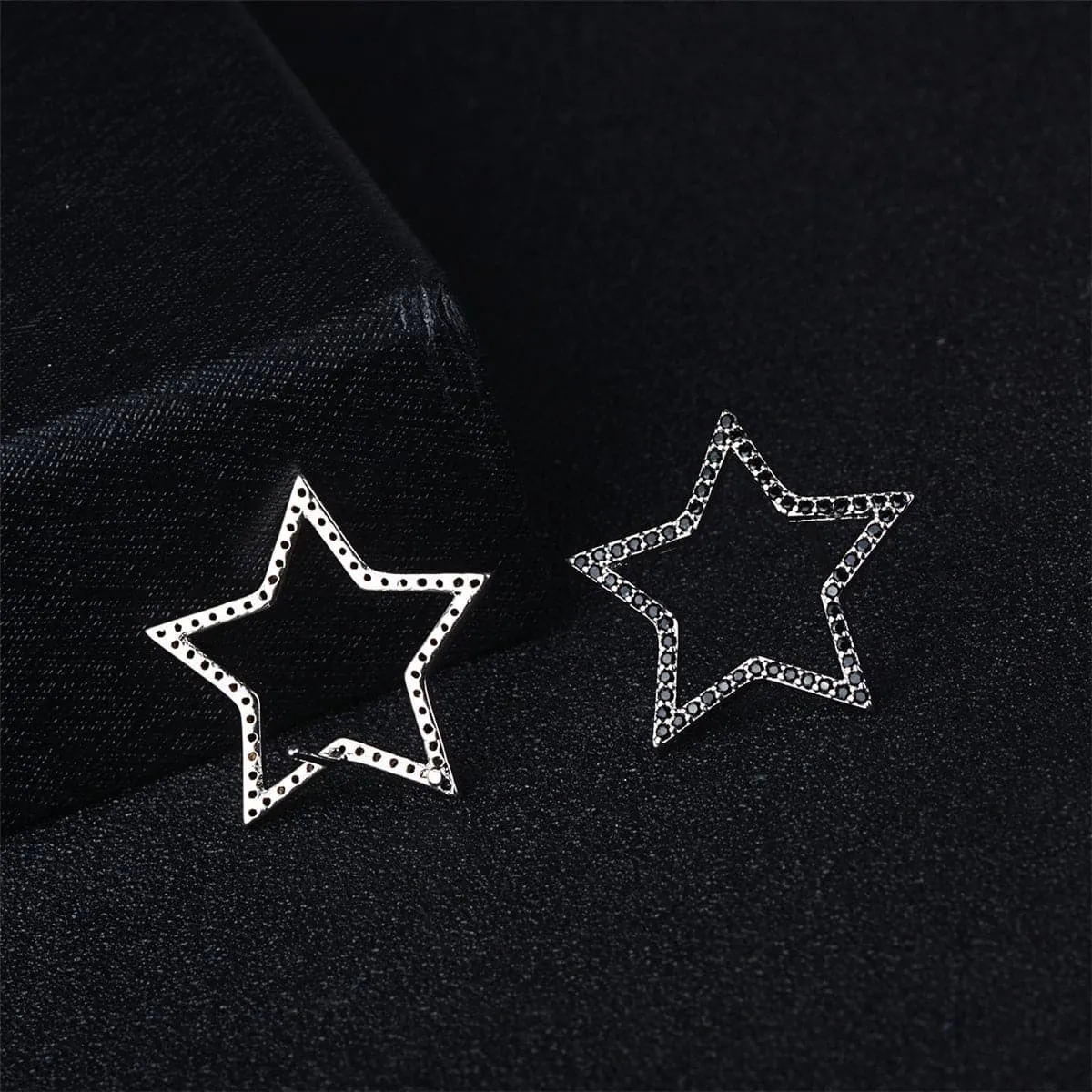 Black Cubic Zirconia & Silver-Plated Open Star Stud Earrings